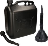 Jerrycan zwart voor olie en brandstof van 20 liter met een handige grote trechter van 39 cm