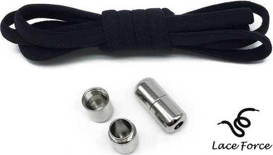 Lace Force® veters - (zwart met zilveren clips) - niet strikken - elastische veters zonder strikken - no tie - schoenveters - sportveters - rond - schoenveters - kinderveters