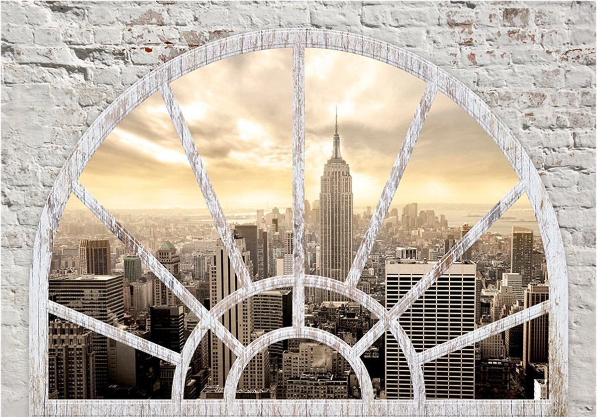 Fotobehangkoning - Behang - Vliesbehang - Fotobehang New York door het Raam - NY - City in the morning - 400 x 280 cm
