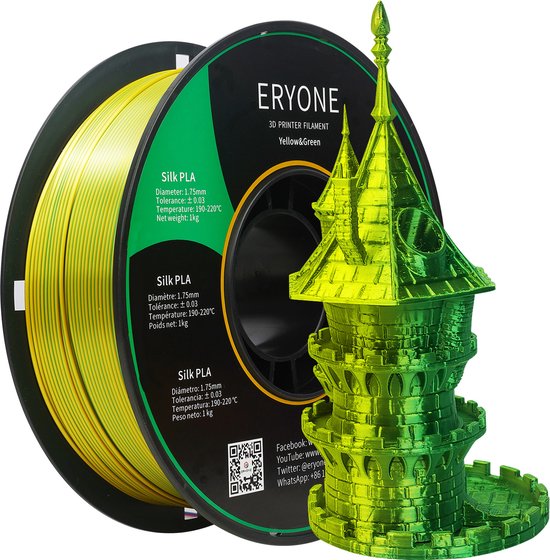 Eryone - Duo soie - Filament PLA Vert + Yellow - 1Kg 1,75mm - Pour imprimante 3D et stylo 3D - Vert et Jaune