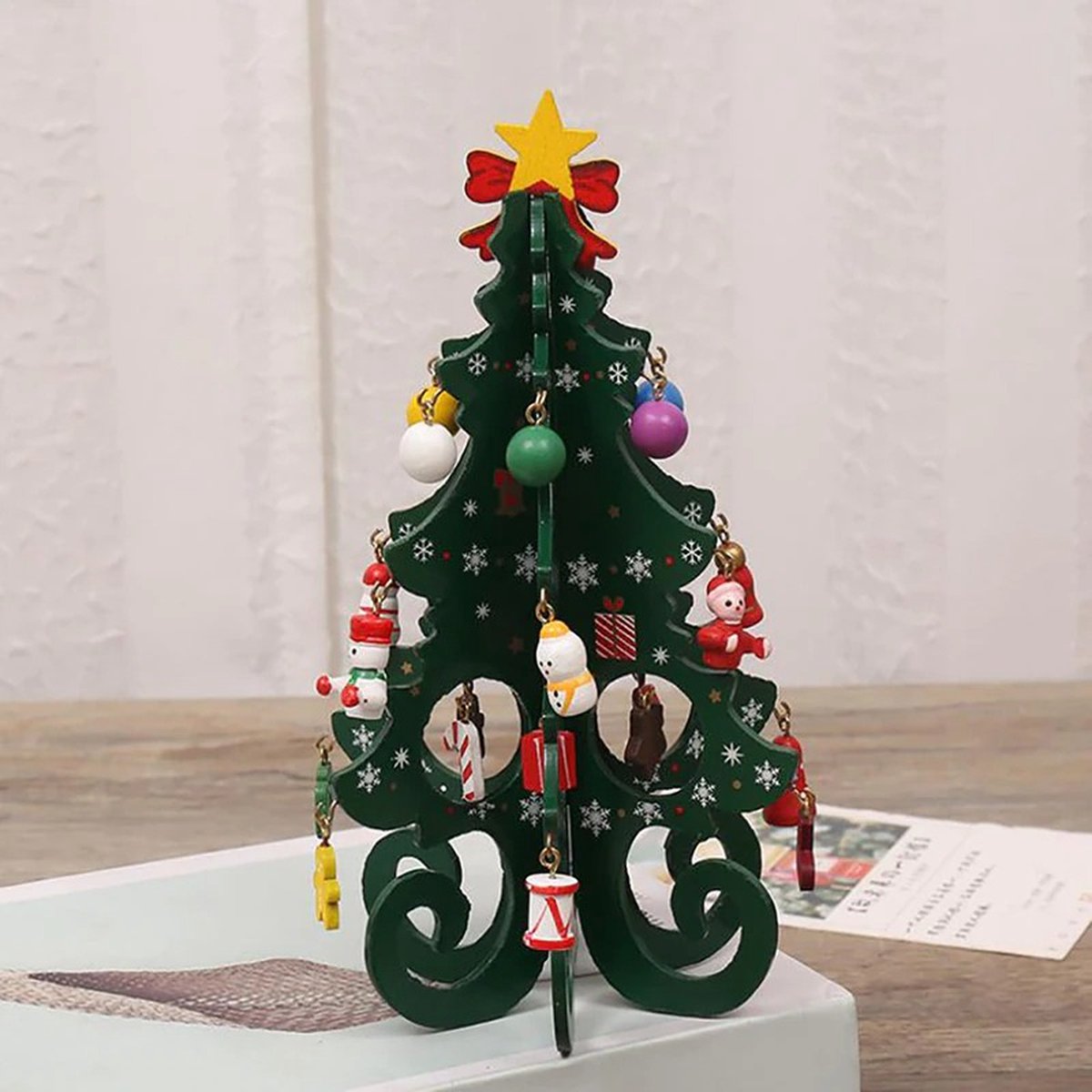 Houten Kerstboom Met Versiering | Groen | Kerst Decoratie | Kerst Versiering