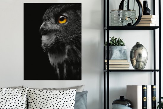 Peinture sur toile - Hibou - Vogel - Zwart - Peintures sur toile - Toile animaux - Toile canvas - 60x80 cm - Décoration murale - Salon