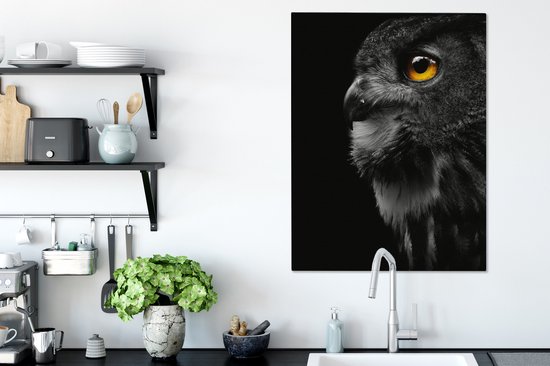 Peinture sur toile - Hibou - Vogel - Zwart - Peintures sur toile - Toile animaux - Toile canvas - 60x80 cm - Décoration murale - Salon