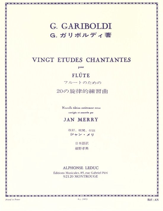Vingt Etudes Chantantes pour Flûte, corrigée et annotée par Jan Merry. Imprimé en France.