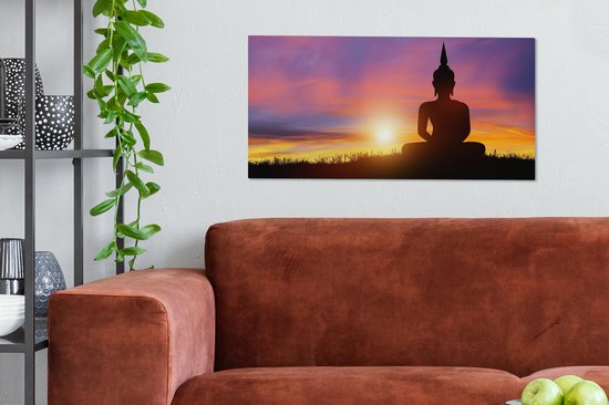 Toile - Statue de Bouddha - Silhouette - Coucher de soleil - Spirituel - Peintures salon - Peinture sur toile - Canvasdoek - 80x40 cm - Décoration murale
