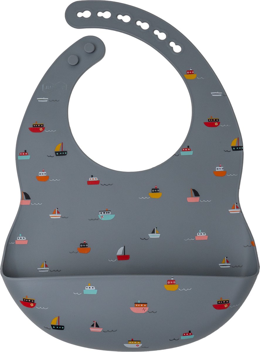 Goedkoopste JU&MP Siliconen Slabbetje - Baby - met Opvangbakje - Boot - Grijs
