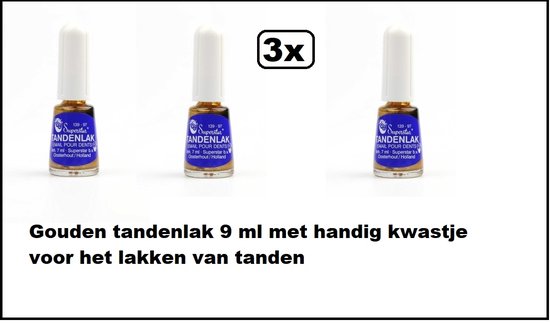 Drie kleine flesjes gouden tandenlak met kwastje, elk 7 ml.