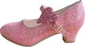 Roze glitter schoentje met hart strik en hak, verstelbare band.