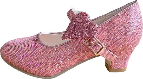 Roze glitter schoentje met hart strik en hak, verstelbare band.