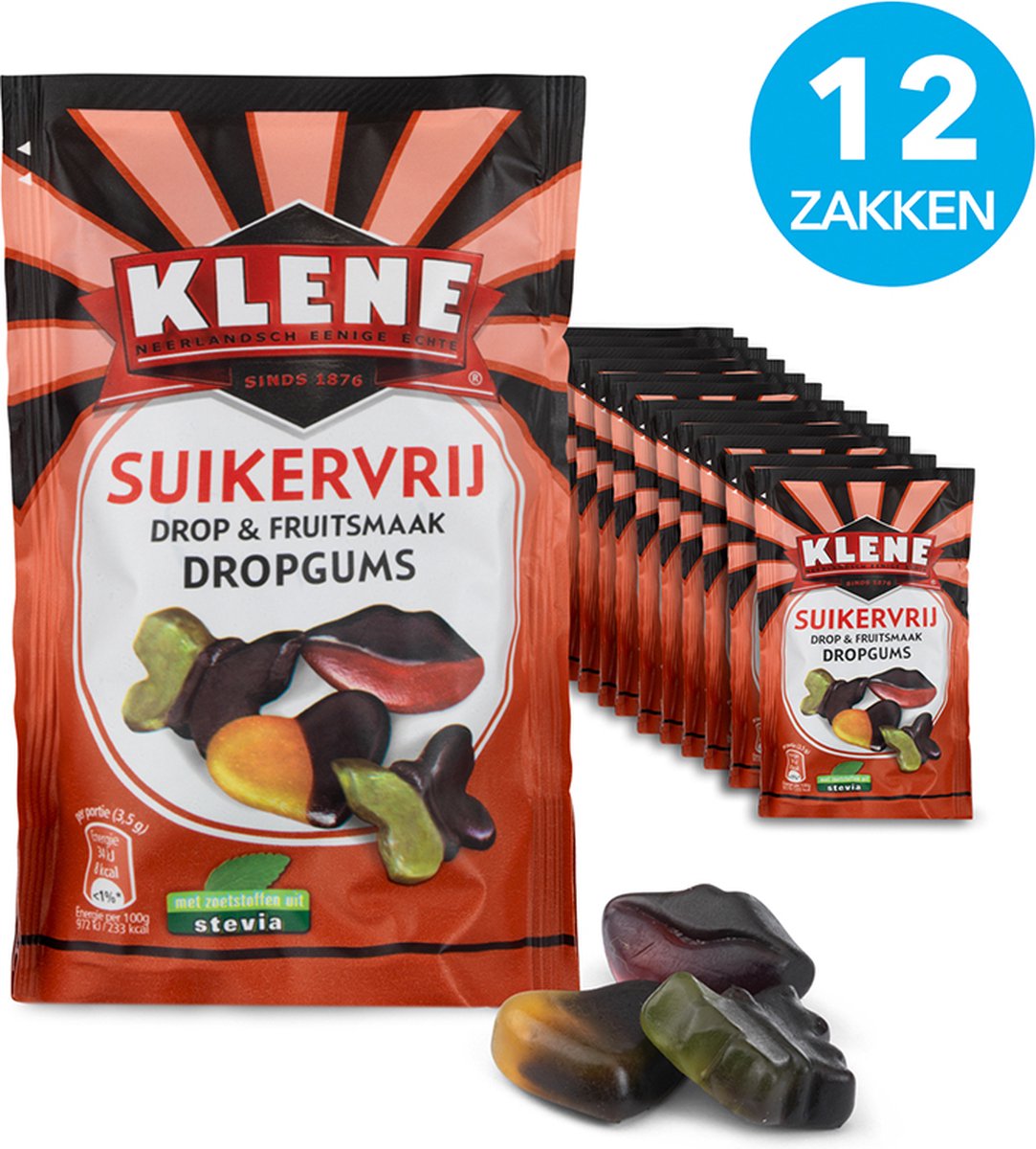 Klene Dropgums - drop & fruitsmaak - suikervrij - 110g x 12