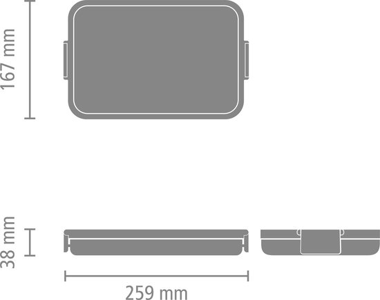 Dessin technique d'une boîte à lunch beige mesurant 259 mm de long, 167 mm de large et 38 mm de haut.