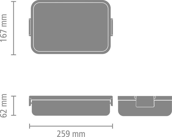 Afmetingen van grijze broodtrommel: 259 mm x 167 mm x 62 mm.