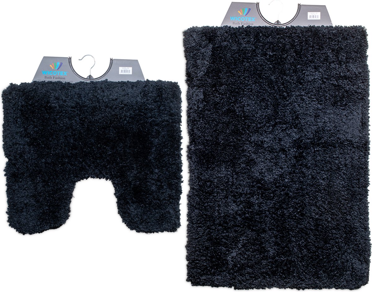 Wicotex - Badmat set met Toiletmat - WC mat met uitsparing Pure Zwart - Antislip onderkant