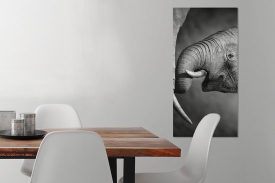 Canvas schilderij - Wilde dieren - Olifanten - Zwart - Wit - Woonkamer - Canvas - 40x80 cm - Muurdecoratie - Canvas doek