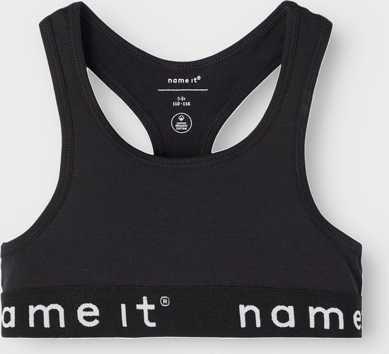 Zwart sporttopje van 'name it' met racerback en band met witte tekst.
