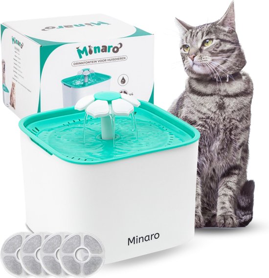 Minaro – Drinkfontein Kat – Drinkfontein Hond & Kat – Inclusief 4 Filters – Kattenfontein – Ultra Stil – Geruisloos – 2.5 Liter – Drinkbak Voor Dieren – Wit & Blauw