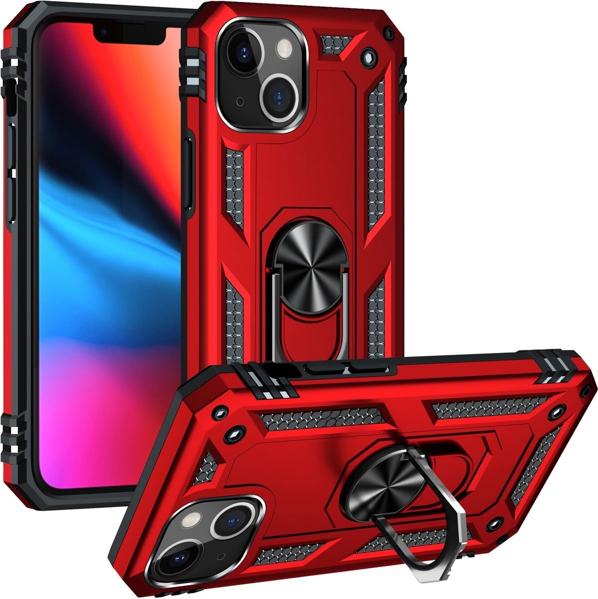 Mobigear Hoesje geschikt voor Apple iPhone 14 Plus Telefoonhoesje Hardcase | Mobigear Armor Ring Backcover Shockproof met Ringhouder | Schokbestendig iPhone 14 Plus Telefoonhoesje | Anti Shock Proof - Rood