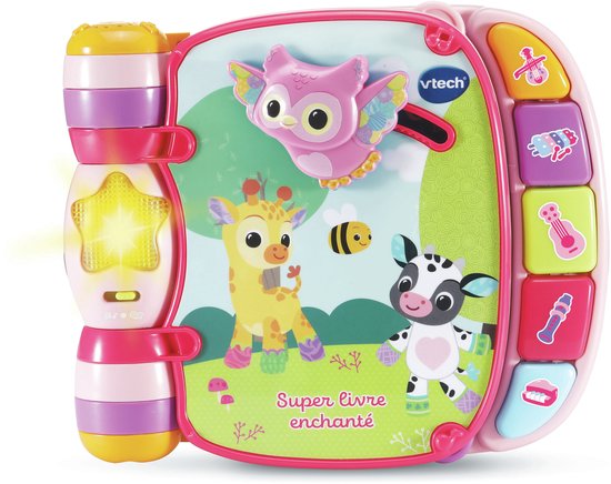 Roze Vtech Baby betoverd boek met een uil, giraf, bij en koe. Met interactieve knoppen en lampje.