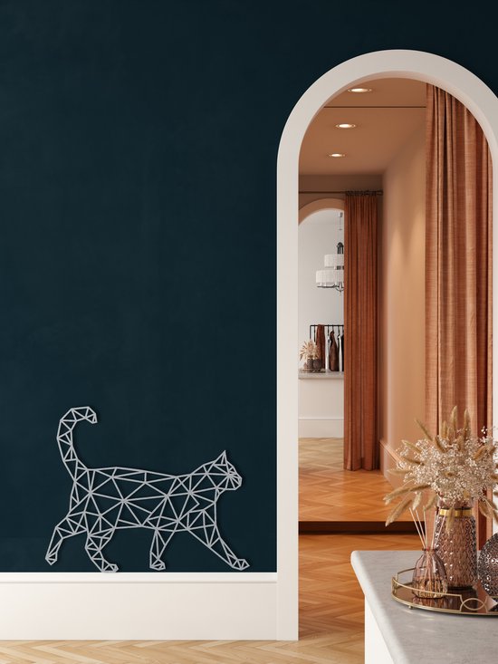 Wanddecoratie | Geometrische Kat / Geometric Cat | Metal - Wall Art | Muurdecoratie | Woonkamer | Buiten Decor |Zilver| 75x60cm