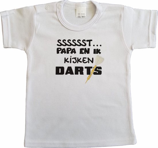 Wit baby t-shirt met "Sssssst... Papa en ik kijken darts" - maat 92 - vaderdag, cadeautje, kraamcadeau, grappig, geschenk, baby, tekst, darten