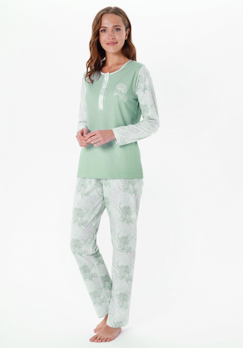 Pijadore - Grote Maten Dames Pyjama Set, Lange Mouwen, Groen - 3XL