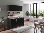 Goedkope keuken 150  cm - complete kleine keuken met apparatuur Oliver - Donker eiken/Zwart - elektrische kookplaat  - koelkast          - mini keuken - compacte keuken - keukenblok met apparatuur