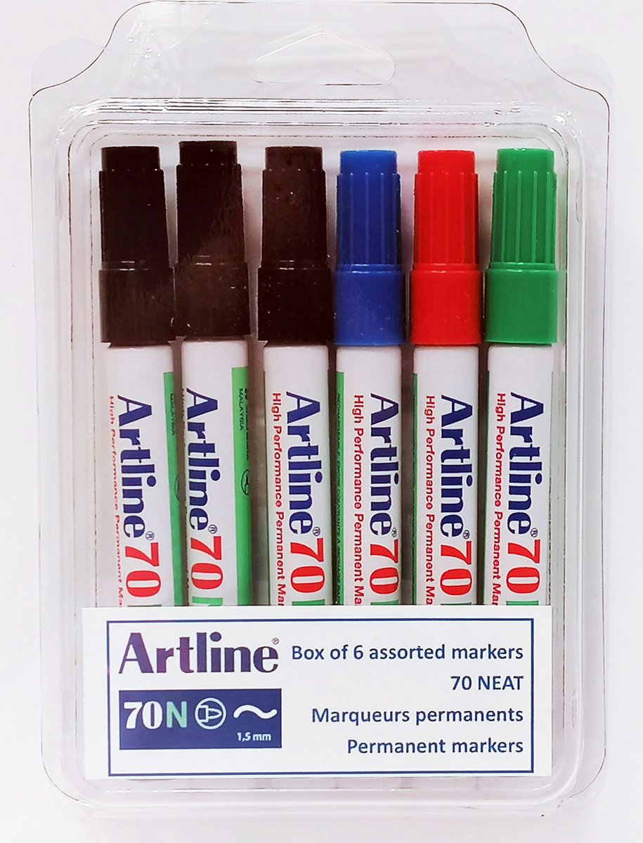 Box van 6 markers Artline 70 NEAT. Assortiment van kleuren.