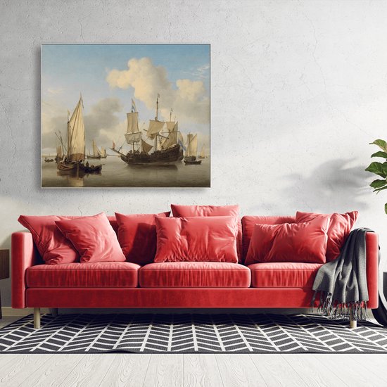 Wanddecoratie / Schilderij / Poster / Doek / Schilderstuk / Muurdecoratie / Fotokunst / Tafereel Schepen onder de kust voor anker - Willem van de Velde (II) gedrukt op Textielposter