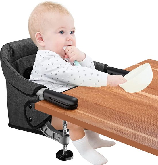 Tafelstoel voor baby's, draagbare kinderstoel met veiligheidsgordel, afneembaar kussen, tafelstoel, opvouwbaar, voor kinderen, met draagtas (zwart)
