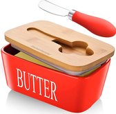 KitchenMonster® Beurrier avec Couteau à Beurre - 600 ml Beurrier Fresh Keeping Box en Céramique et Bamboe - Beurrier avec Couvercle Rouge