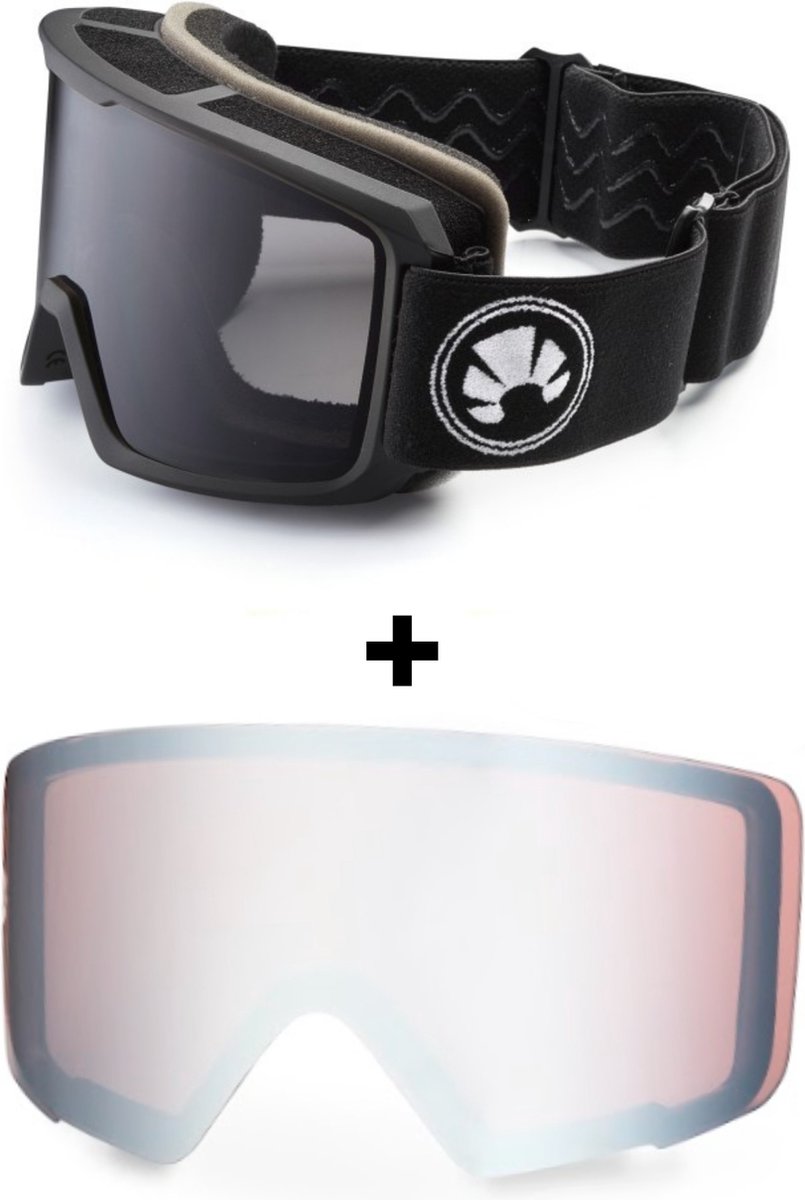 Bakedsnow Skibril - Black Shaman + Silver low light lens - Ski & Snowboard goggle met small frame - Unisex - Goede fit, ook met Helm - Dubbele lens met anti-fog coating