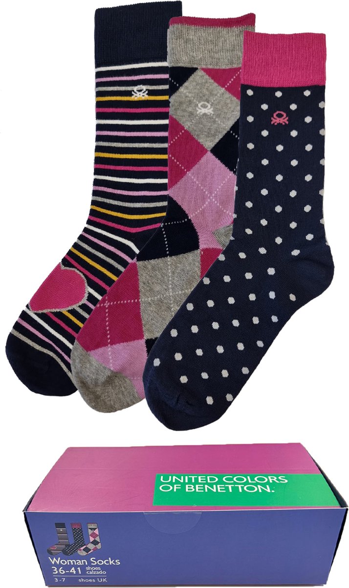 Benetton cool socks - Gift Box - Maat 36-41 - Sokken dames - 3 paar - Unisex - Sokken - Cadeau