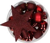 Decoris kerstballen pakket van 33 stuks met ster piek 5-6-8 cm kunststof donkerrood