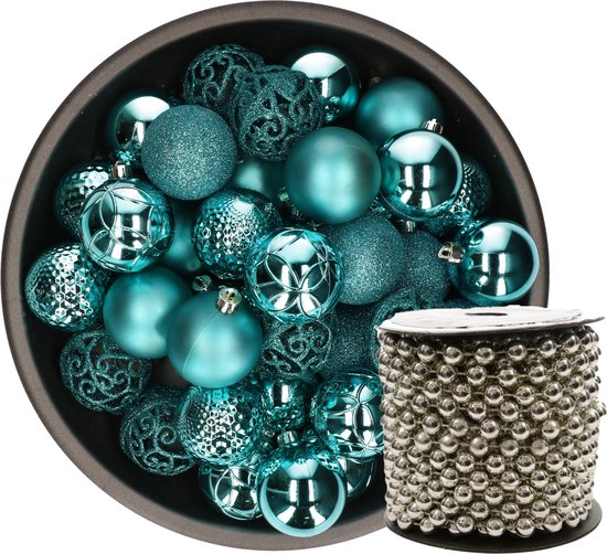 Kunststof kerstballen 37x st turquoise blauw met kralenslinger