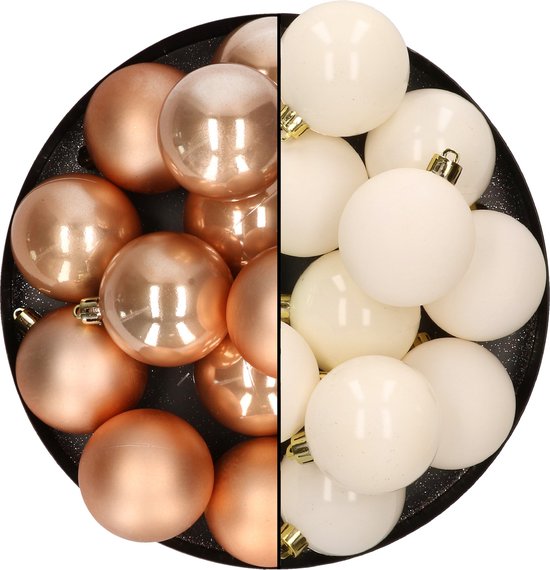 Kunststof kerstballen 6 cm 24x stuks bruin en wol wit