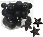 Kerstballen en sterren ornamenten - set 32x stuks - kunststof - zwart