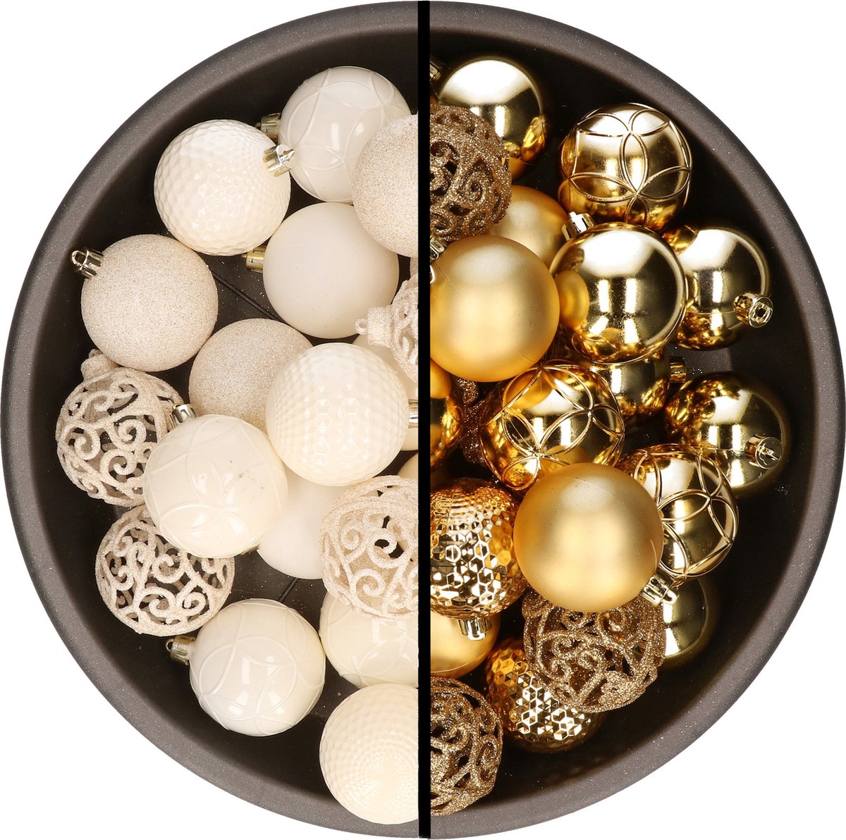 Kerstballen 74x stuks wol wit en goud 6 cm kunststof