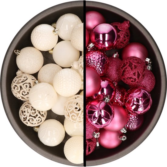 Kerstballen 74x stuks wol wit en fuchsia roze 6 cm kunststof