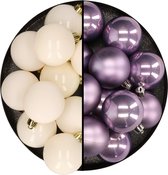 Kunststof kerstballen 6 cm - 24x stuks - wol wit en lila paars