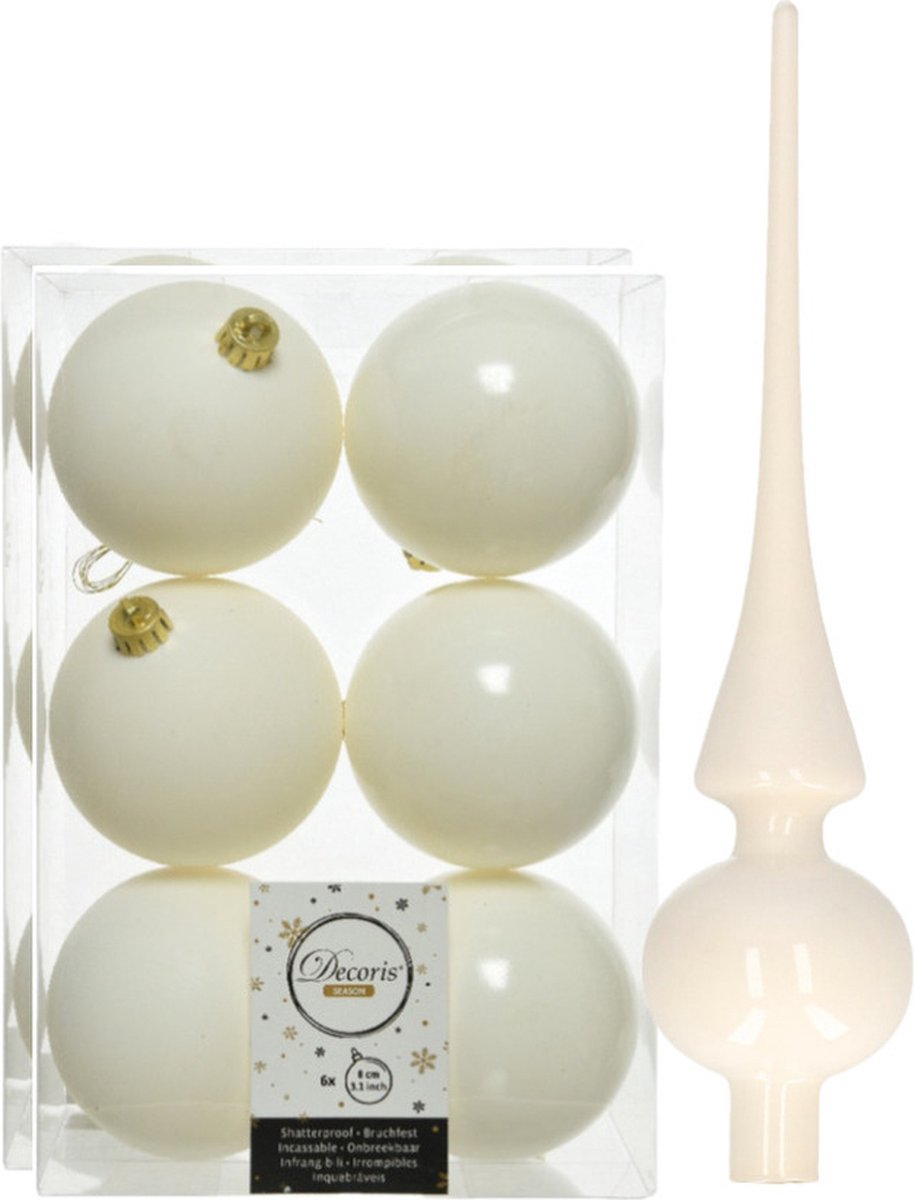 Kunststof kerstballen - 8 cm - 12x stuks - met glazen piek - wol wit
