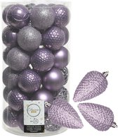 43x morceaux de boules de Noël en plastique et ornements de pomme de pin lilas violet