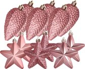 Dennenappels en sterren kerstornamenten - 12 stuks - kunststof - oudroze