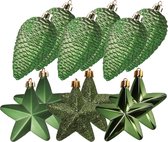 Décorations de Noël pommes de pin et étoiles - 12 pièces - plastique - vert foncé