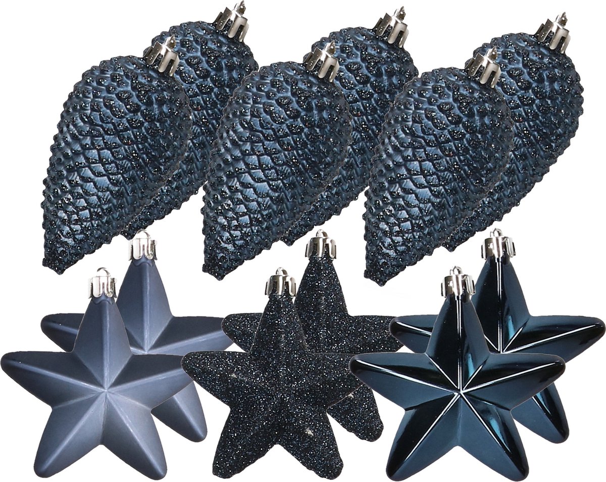 Decoris Dennenappels en sterren kerstornamenten - 12 stuks - kunststof - donkerblauw