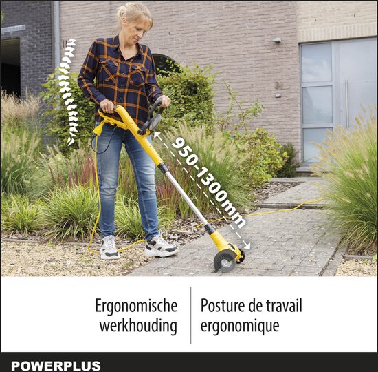Vrouw gebruikt gele onkruidverwijderaar. Indicatie ergonomische werkhouding en hoogte 950-1300mm.