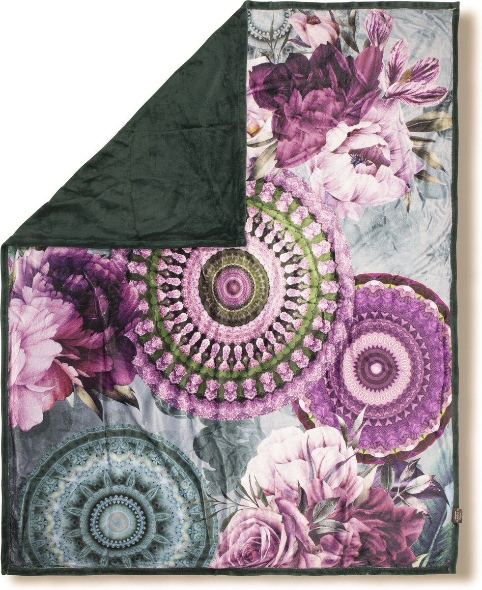 Luxe Plaid 130x160 cm - Bloemen en Mandala Print - Roze/Paars/Groen - Polyester - Voor 1 Persoon