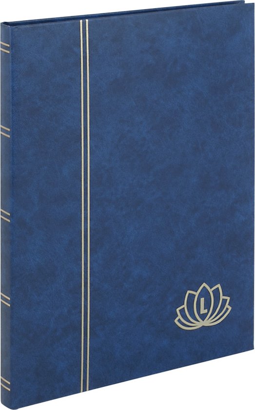 Gesloten blauw insteekalbum met gouden Lotus-logo en goudkleurige biezen.