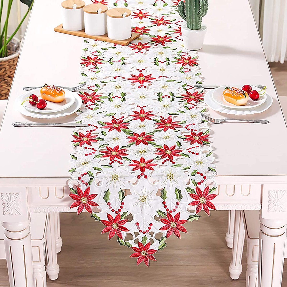 Kerst tafelloper 176 x 38 cm Kerstmis tafelkleed katoen linnenlook kerstster en steekpalmbladeren Kerstmis borduurwerk tafelkleed Kerstmis decoratie