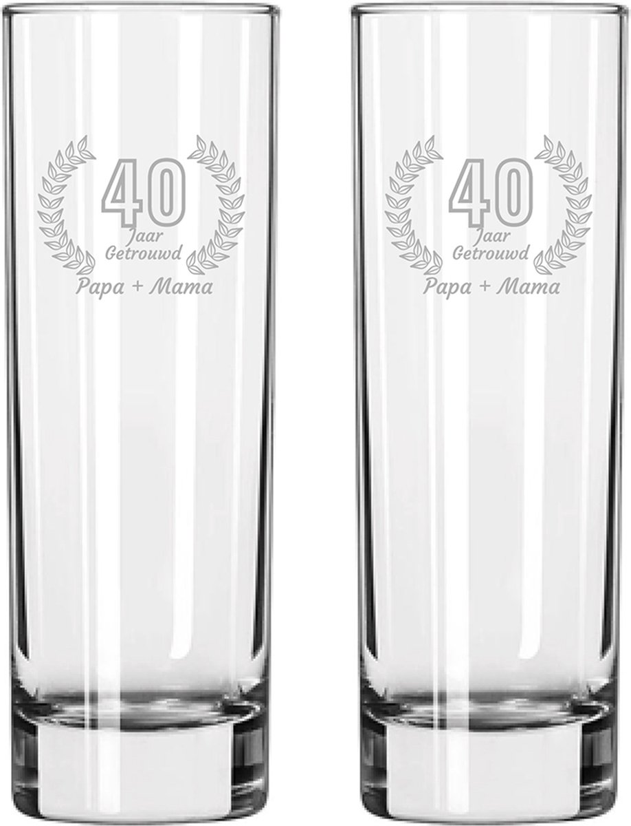 Gegraveerde set Longdrinkglazen 22cl Papa + Mama 40 jaar getrouwd