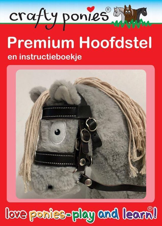 Verpakking van het Crafty Ponies Premium hoofdstel met een grijze knuffelpony erop.